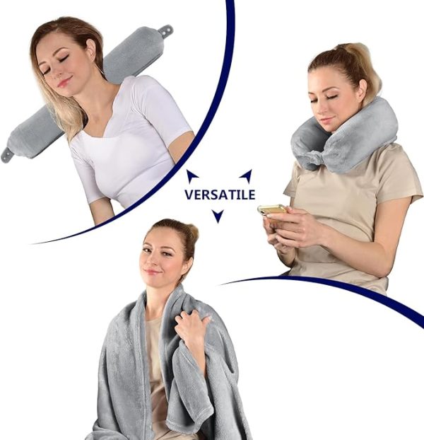 2 in 1 Travel Blanket, Soft Warm Blanket with Cozy Neck Pillow Case, Portable Blanket Set for Airplane, Camping, Car (Grey) - Image 2