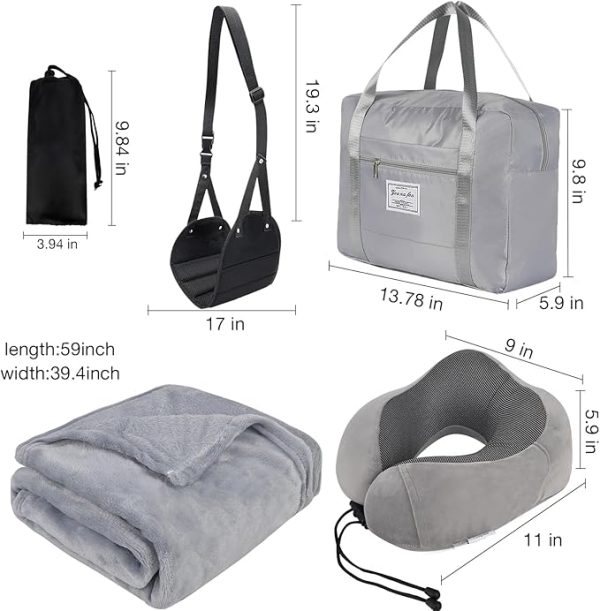 Travel Pillow and Blanket Set & Foot Rest, Memory Foam Neck Pillow Airplane Blanket & Airplane Foot Hammock & Foldable Duffel Bag, Eye Mask & Earplugs, Portable Travel Accessories Essentials, Grey - Image 3