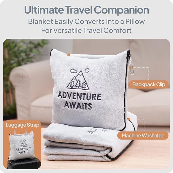 Travel Blanket & Pillow Set - Ultra Soft 2 in 1 Blanket with Cozy Hand & Feet Pouches Zip into Plush Pillows - Large Size Wraps You in Warmth on Airplanes - Luggage Sleeve & Backpack Clip (Gray) - Image 3