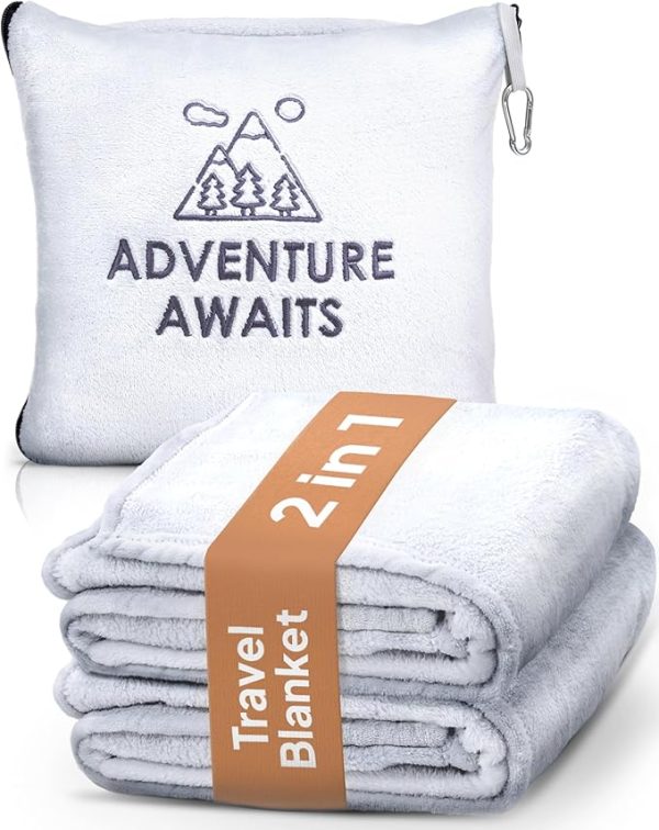 Travel Blanket & Pillow Set - Ultra Soft 2 in 1 Blanket with Cozy Hand & Feet Pouches Zip into Plush Pillows - Large Size Wraps You in Warmth on Airplanes - Luggage Sleeve & Backpack Clip (Gray) - Image 5