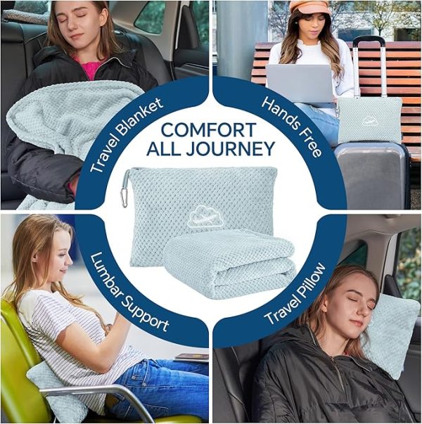 BEDELITE Travel Blanket Airplane Compact with Bag, Portable and Packable 2 in 1 Jacquard Travel Pillow and Blanket Set, Airplane Blanket Travel Essentials with Luggage Sleeve & Backpack Clip, Blue - Image 3